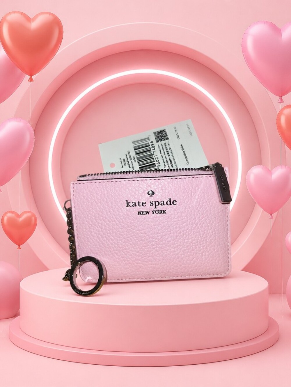 Kate Spade Staci Key Ring Card Case Dahlia Pink Pebbled Leather Pouch NEW